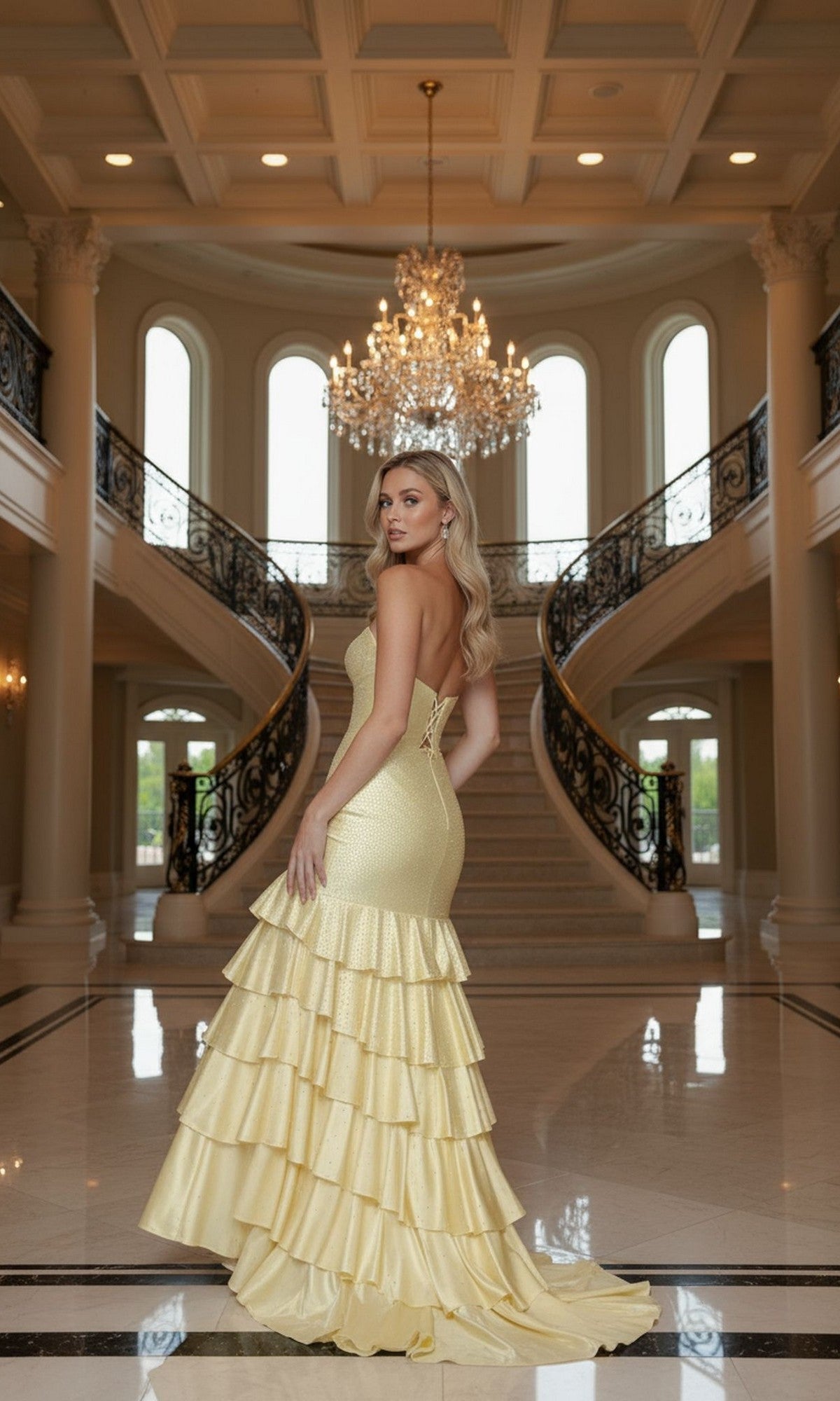 A woman in the Poly USA 25158 long prom dress, featuring a strapless bodice, tiered ruffle skirt, and delicate heat stones, stands in an elegant marble-floored foyer with a chandelier and grand double staircase.